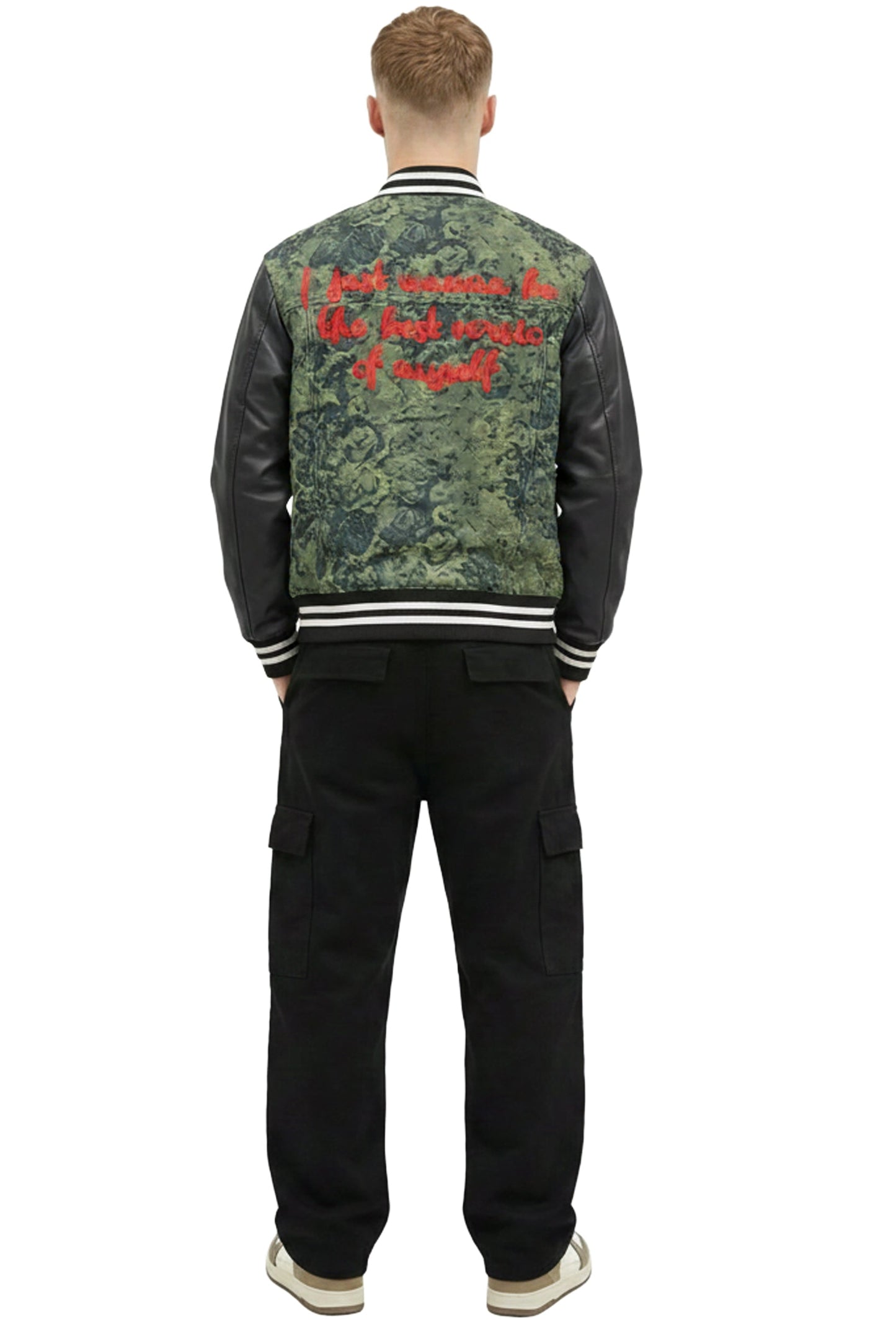 ROBIN Men's Jacquard Body with faux Leather Sleeve Varsity Jacket