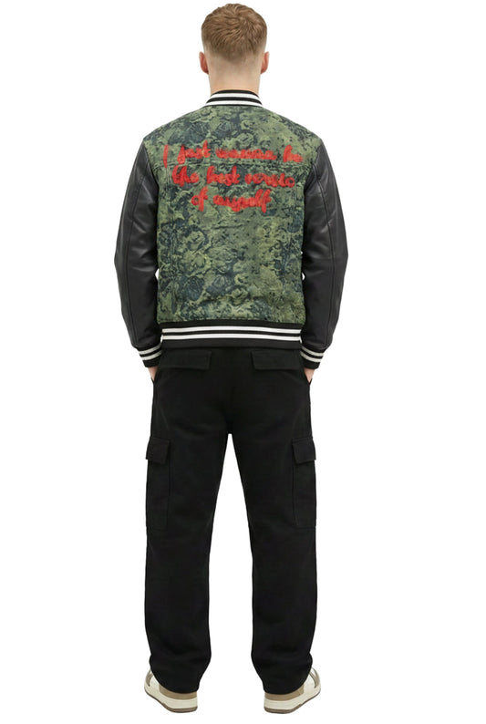 ROBIN Men's Jacquard Body with faux Leather Sleeve Varsity Jacket