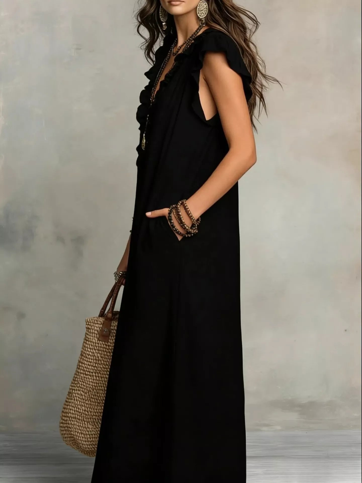Full Size Ruffled V-Neck Cap Sleeve Maxi Dress Plus Size