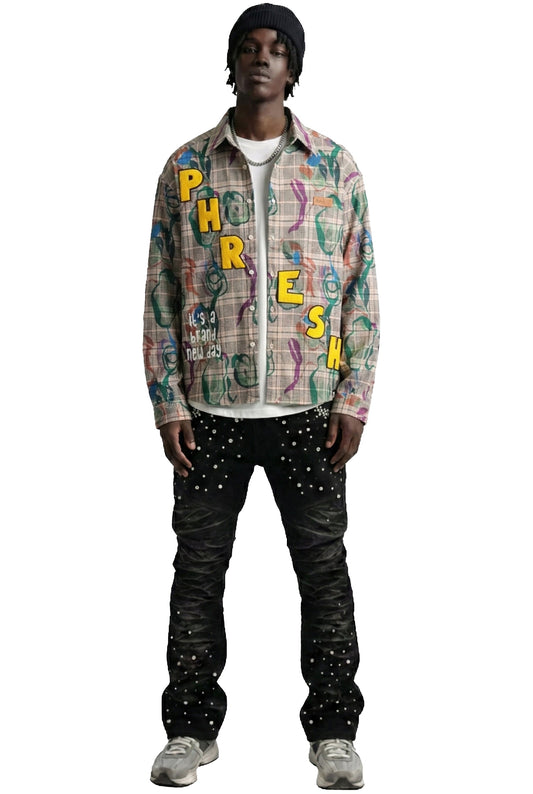 Willie L.T.K. Men's premium Long Sleeve Plaid button down shirt with hand sketch drawing pop art