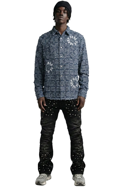 Fumo Men's ripped & repaired button down shirt