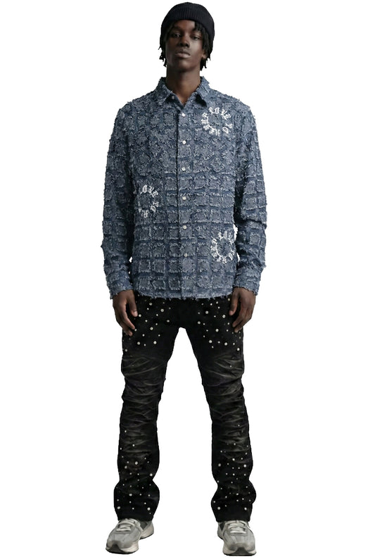 Fumo Men's ripped & repaired button down shirt