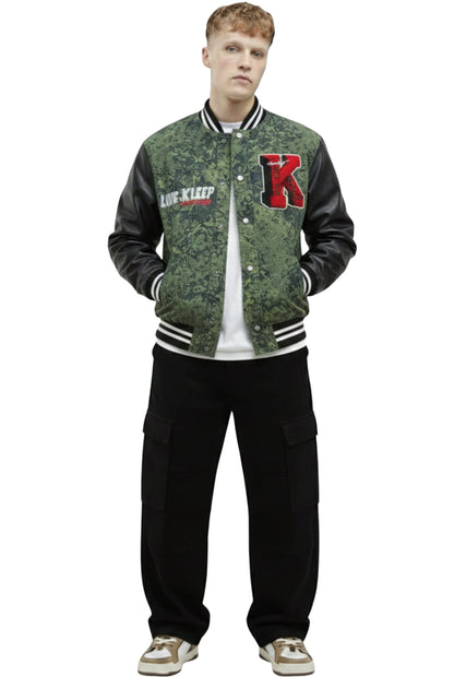 ROBIN Men's Jacquard Body with faux Leather Sleeve Varsity Jacket
