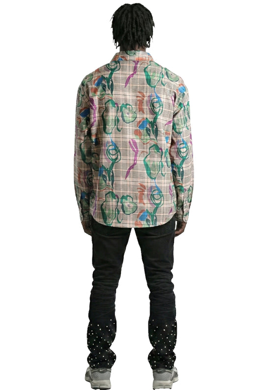 Willie L.T.K. Men's premium Long Sleeve Plaid button down shirt with hand sketch drawing pop art