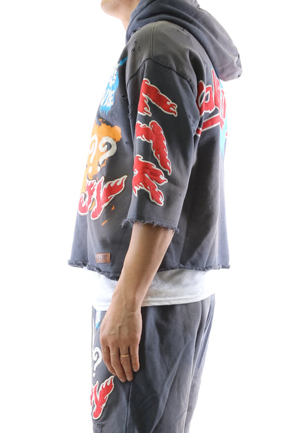 PORTER French Terry 3/4 Sleeve Crop Top Pullover Hoodie