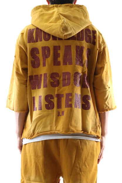 PECU French Terry 3/4 Sleeve Crop Top Pullover Hoodie