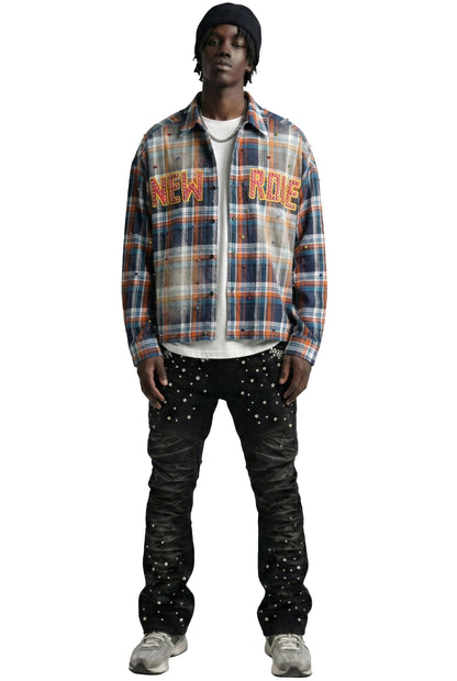 SUIFU Long Sleeve Washed Flannel Crop Top Button Down Shirt