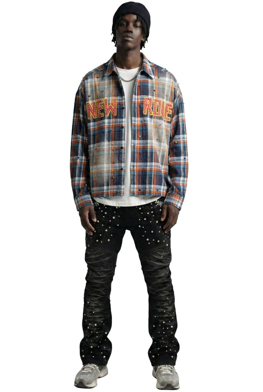 SUIFU Long Sleeve Washed Flannel Crop Top Button Down Shirt