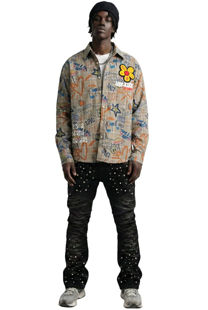 Velo L.T.K. Men's premium Long Sleeve Plaid button down shirt with hand sketch drawing pop art