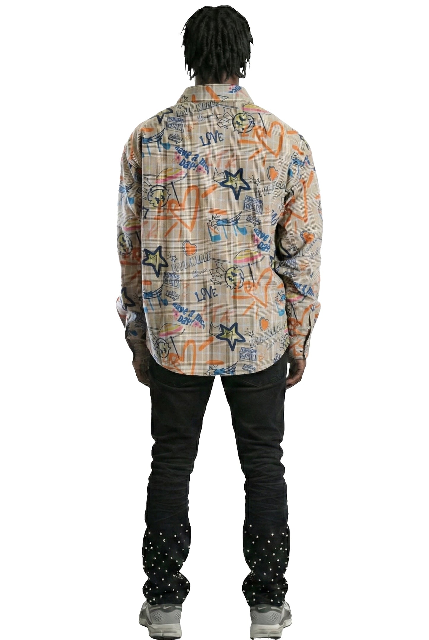 Velo L.T.K. Men's premium Long Sleeve Plaid button down shirt with hand sketch drawing pop art
