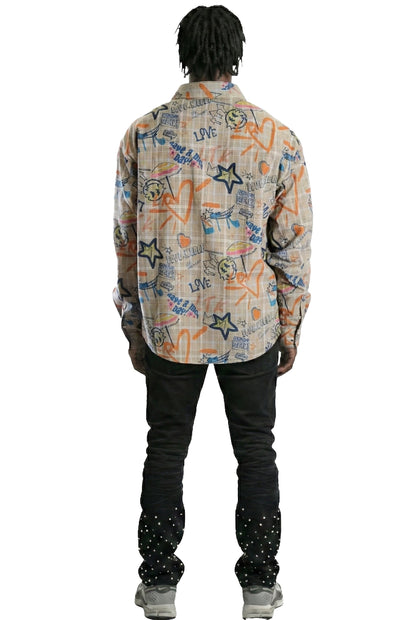 Velo L.T.K. Men's premium Long Sleeve Plaid button down shirt with hand sketch drawing pop art
