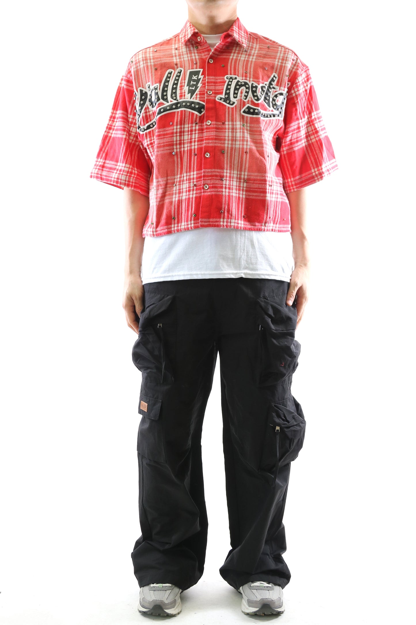 LIADE Washed Flannel Crop Top Button Down Shirt