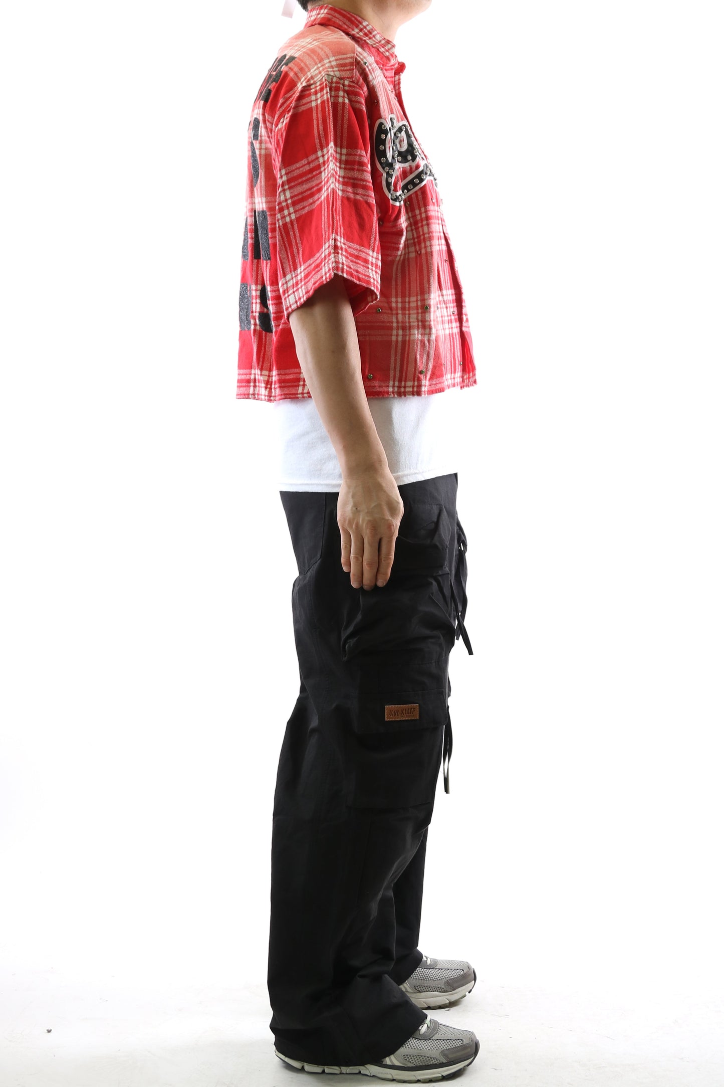 LIADE Washed Flannel Crop Top Button Down Shirt