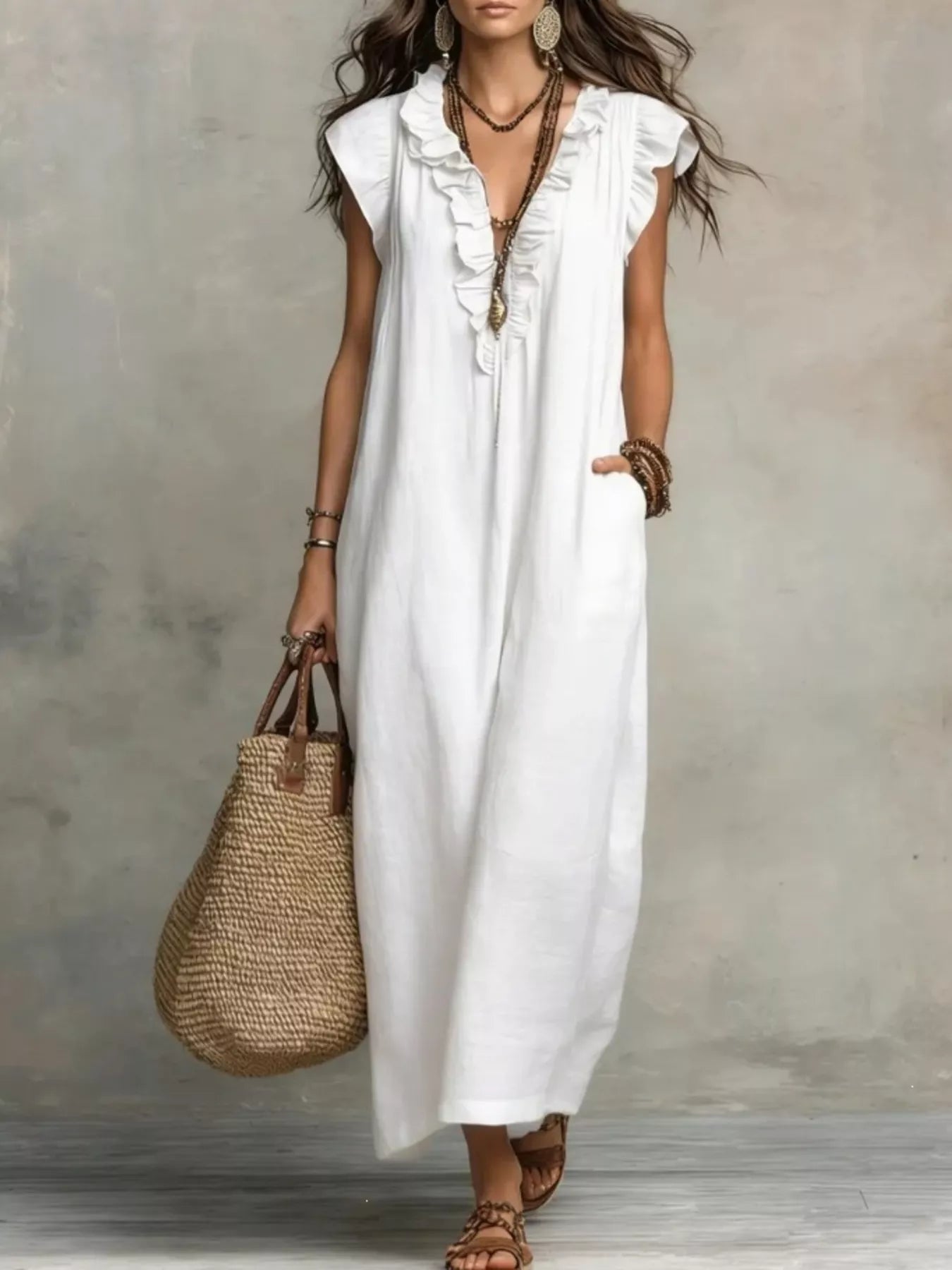 Full Size Ruffled V-Neck Cap Sleeve Maxi Dress Plus Size