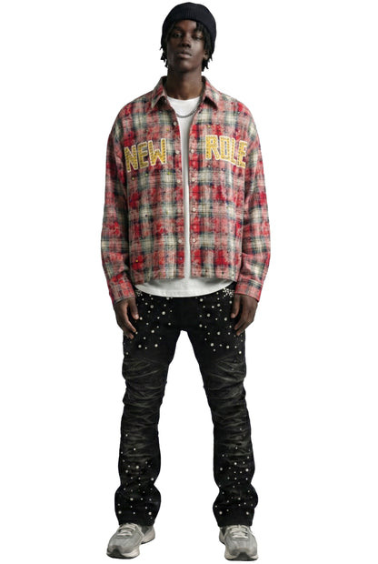OBLIVION Long Sleeve Washed Flannel Crop Top Button Down Shirt