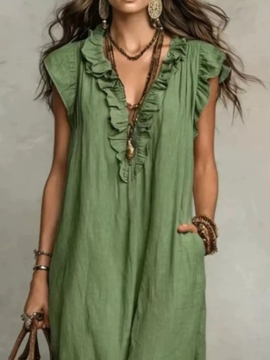 Full Size Ruffled V-Neck Cap Sleeve Maxi Dress Plus Size