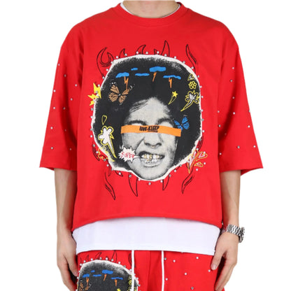 SIMON SN/ Jersey 3/4 Sleeve Crop Top Tee