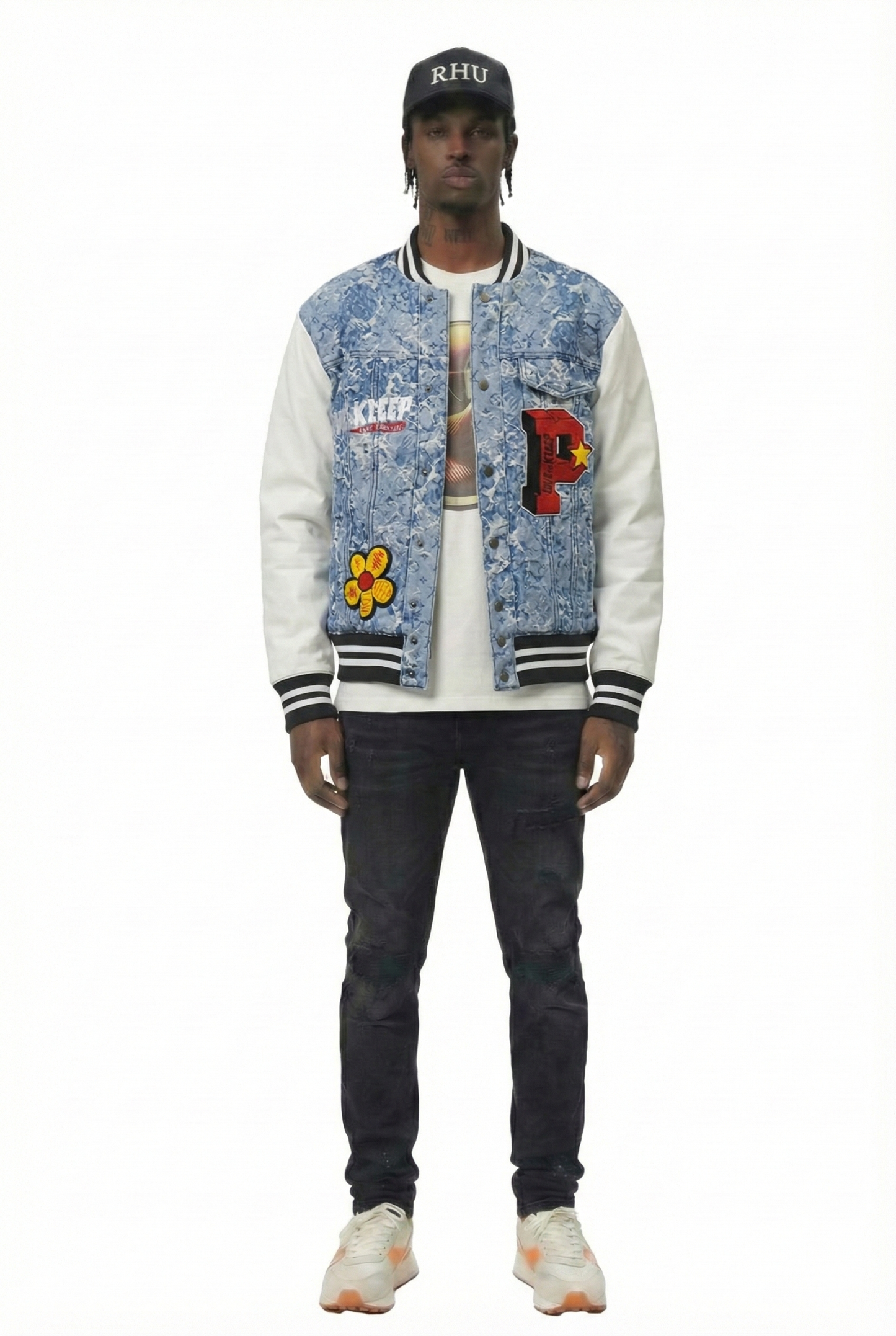 FLEX Men's Jacquard Body with faux Leather Sleeve Varsity Jacket