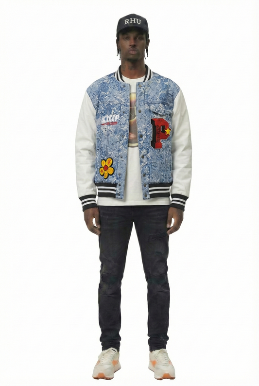 FLEX Men's Jacquard Body with faux Leather Sleeve Varsity Jacket