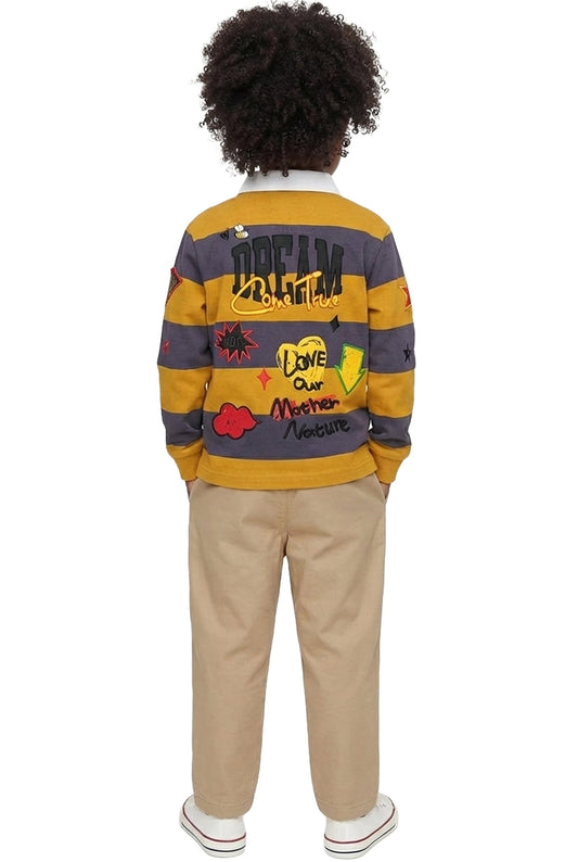 BISCOTTI Kid's Long Sleeve Polo Shirt With Heavy Print Effects & Patch Works