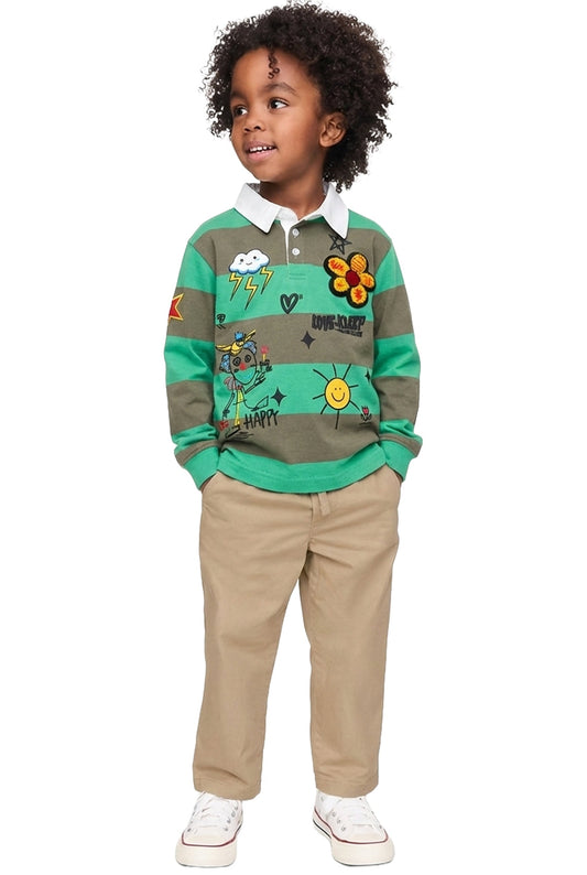 MATRI Kid's Long Sleeve Polo Shirt With Heavy Print Effects & Patch Works