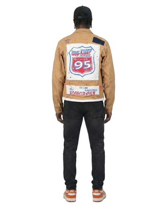 Antelope Men's graphic print patches with cut and sew cotton timber washed stretchable twill jacket