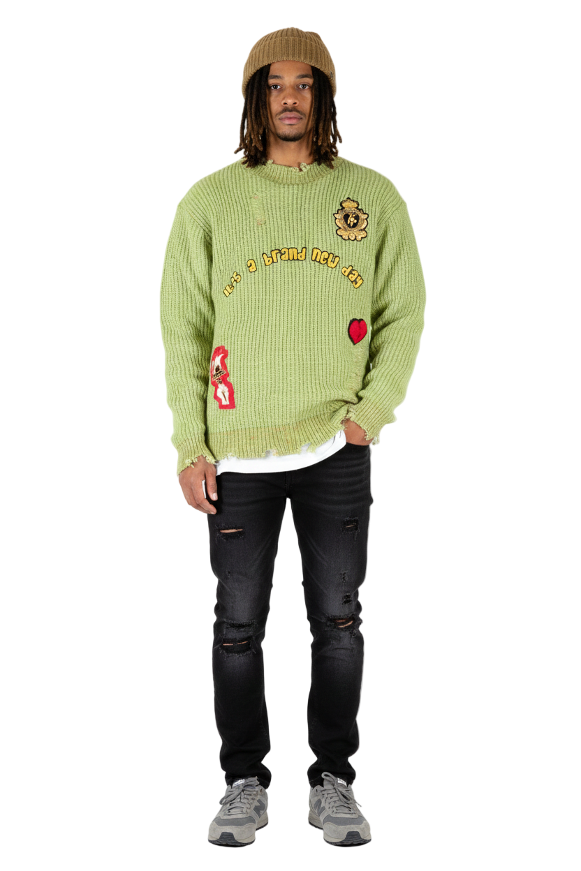 ORION Heavy Gauge Ripped Knit Sweater with patches