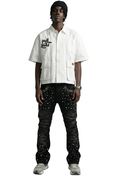 Revol Fine Nylon Twill Boxy Cut Crop Top Short sleeve Buttondown Shirt