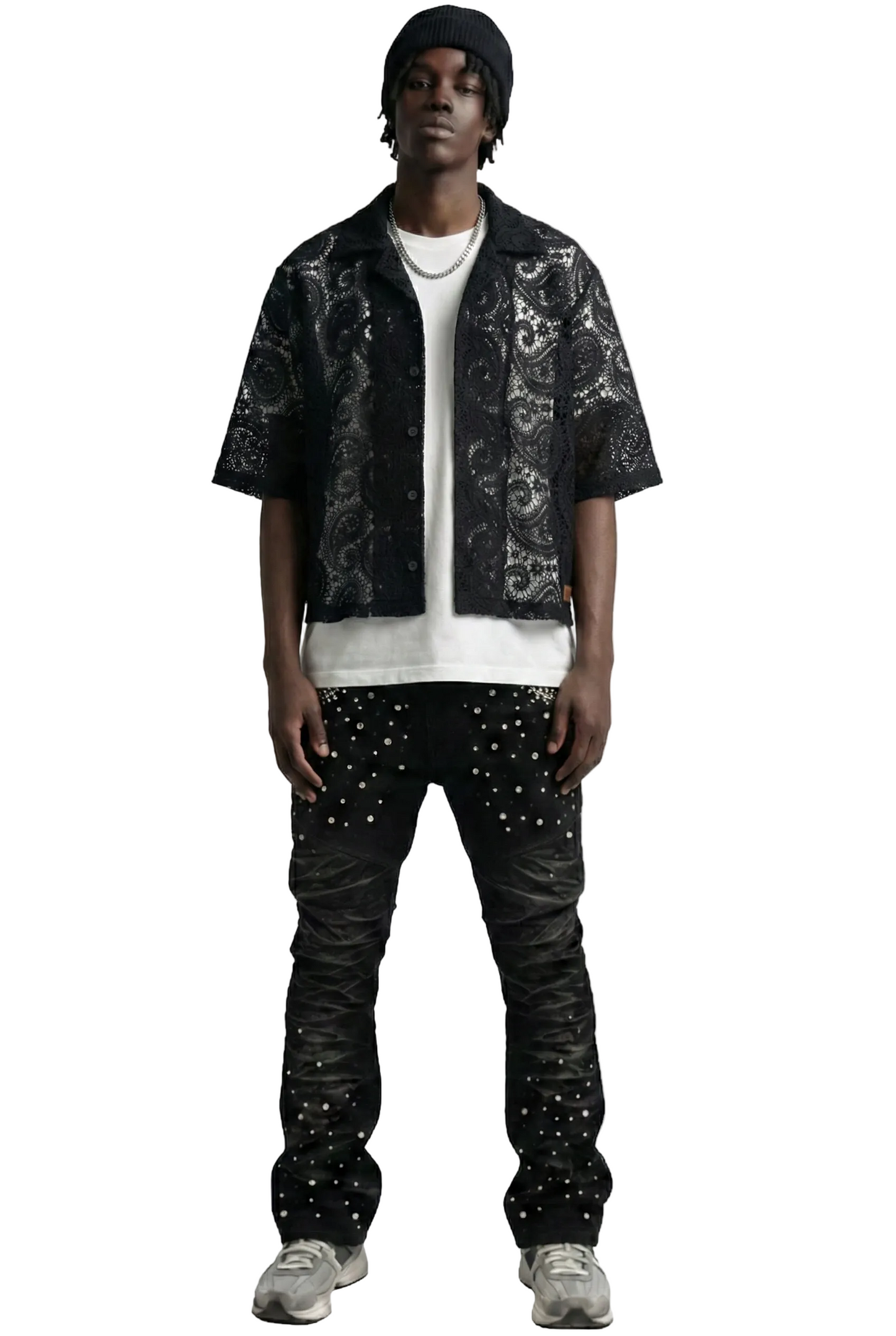 HELWIT Paisley Mesh Crop Top Short Sleeve Buttondown Shirt