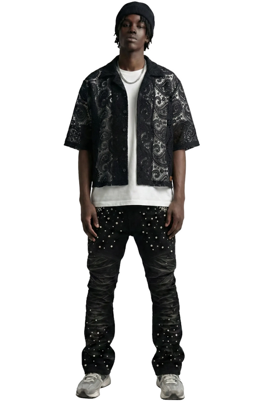 HELWIT Paisley Mesh Crop Top Short Sleeve Buttondown Shirt