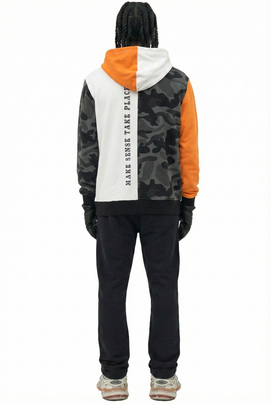 French Terry Zip Down Hoodie with Cut Block^&Patches&Prints