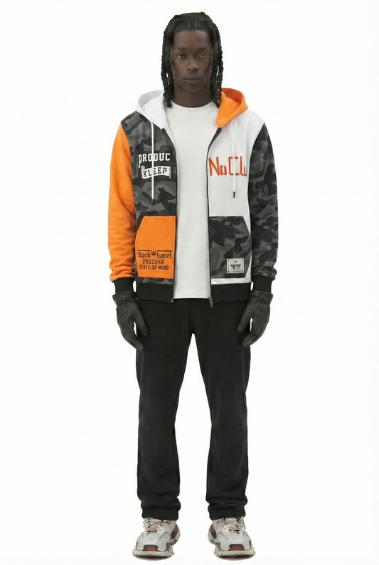 French Terry Zip Down Hoodie with Cut Block^&Patches&Prints