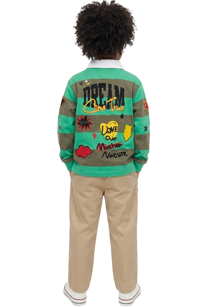 MATRI Kid's Long Sleeve Polo Shirt With Heavy Print Effects & Patch Works