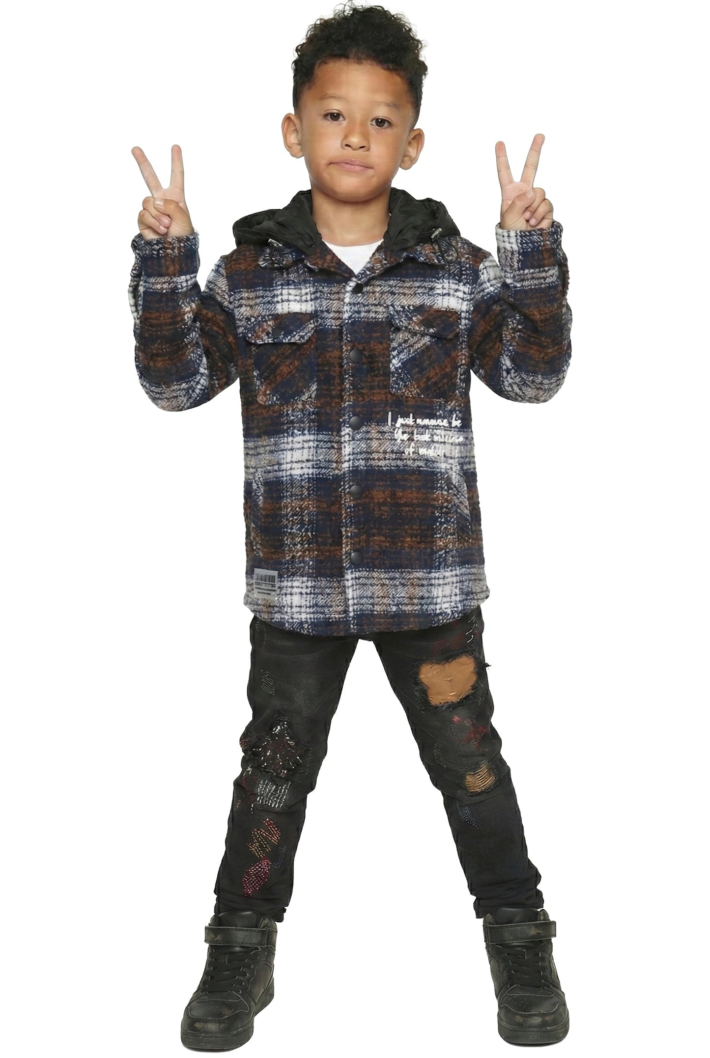 REYNA Kid's Oversize Flannel outer shirket with detachable padded cire hood