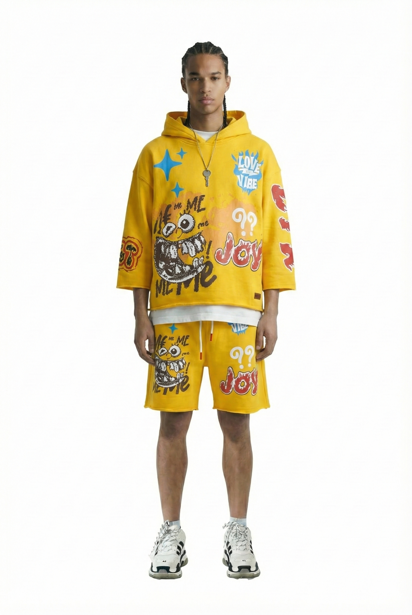 MERTI French Terry 3/4 Sleeve Crop Top Pullover Hoodie