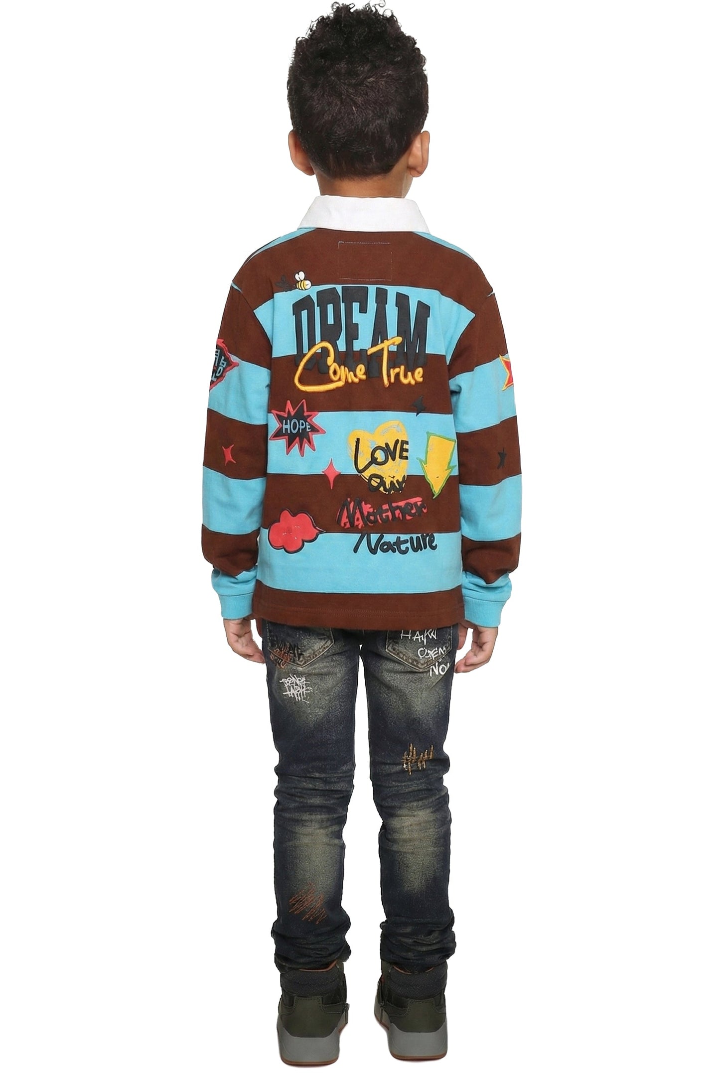 JORDY Kid's Long Sleeve Polo Shirt With Heavy Print Effects & Patch Works