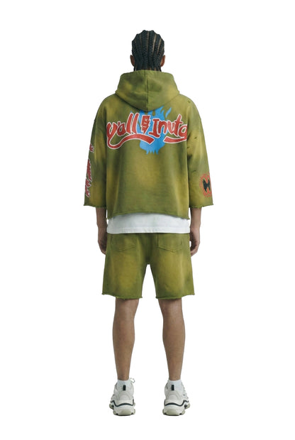 GARNIO French Terry 3/4 Sleeve Crop Top Pullover Hoodie