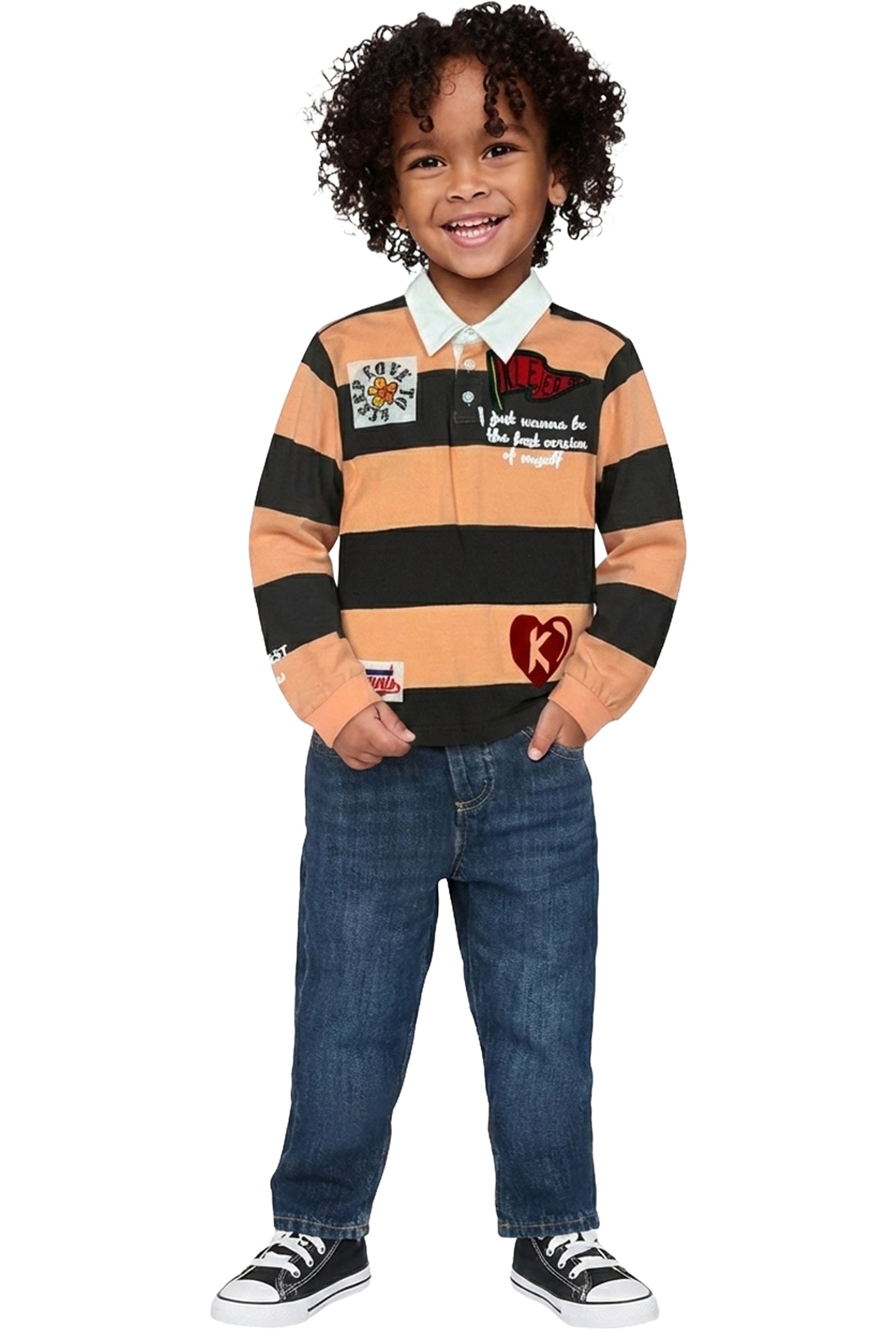 SEPIA Kid's Long Sleeve Polo Shirt With Heavy Print Effects & Patch Works