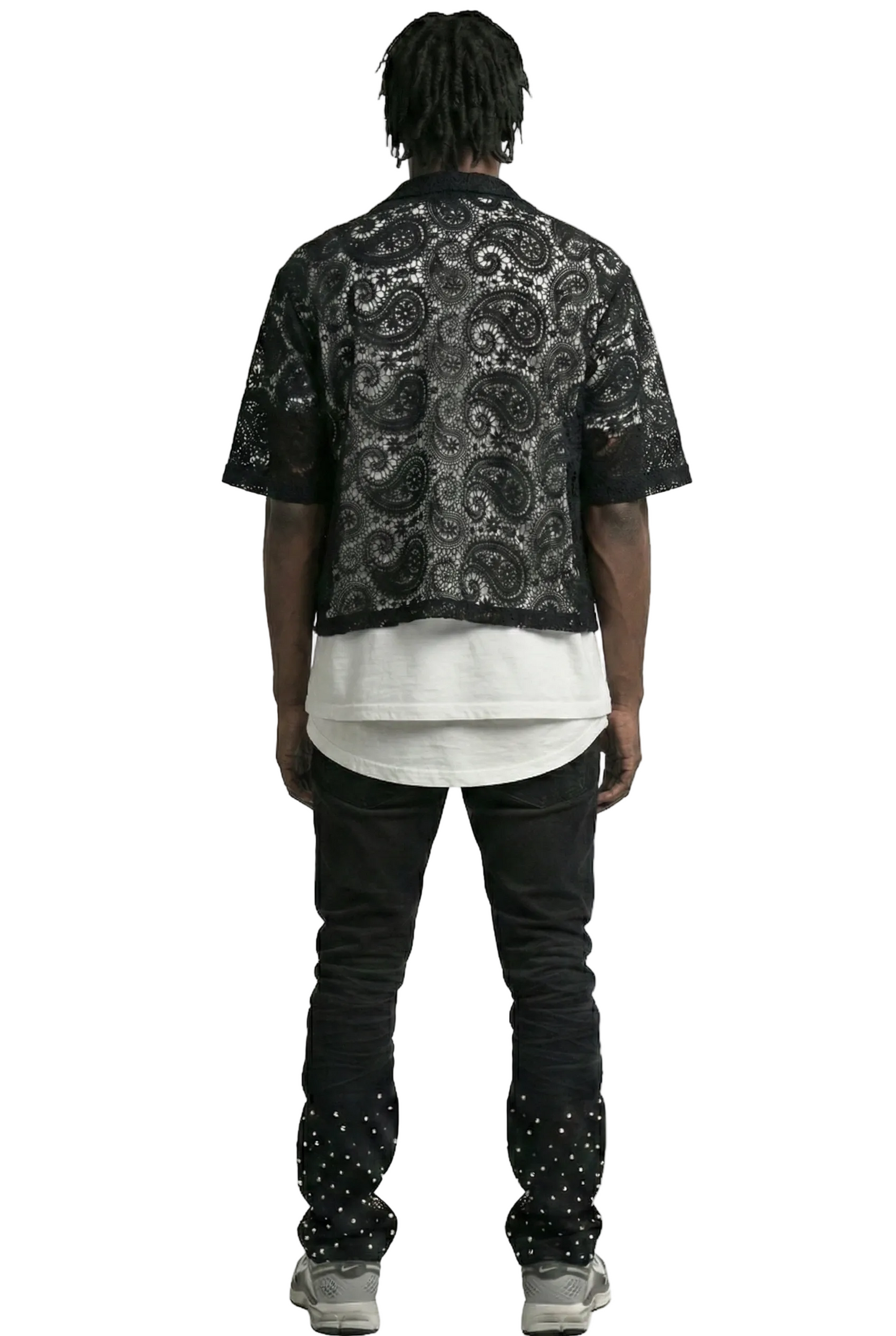 HELWIT Paisley Mesh Crop Top Short Sleeve Buttondown Shirt