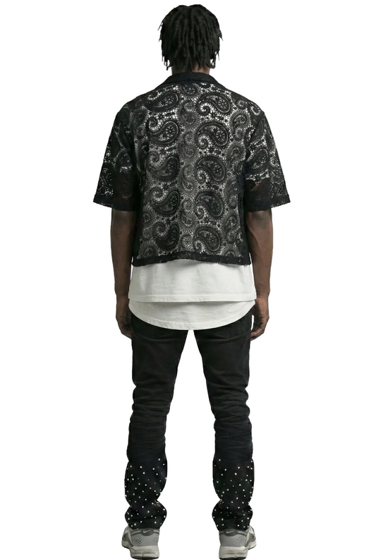 HELWIT Paisley Mesh Crop Top Short Sleeve Buttondown Shirt