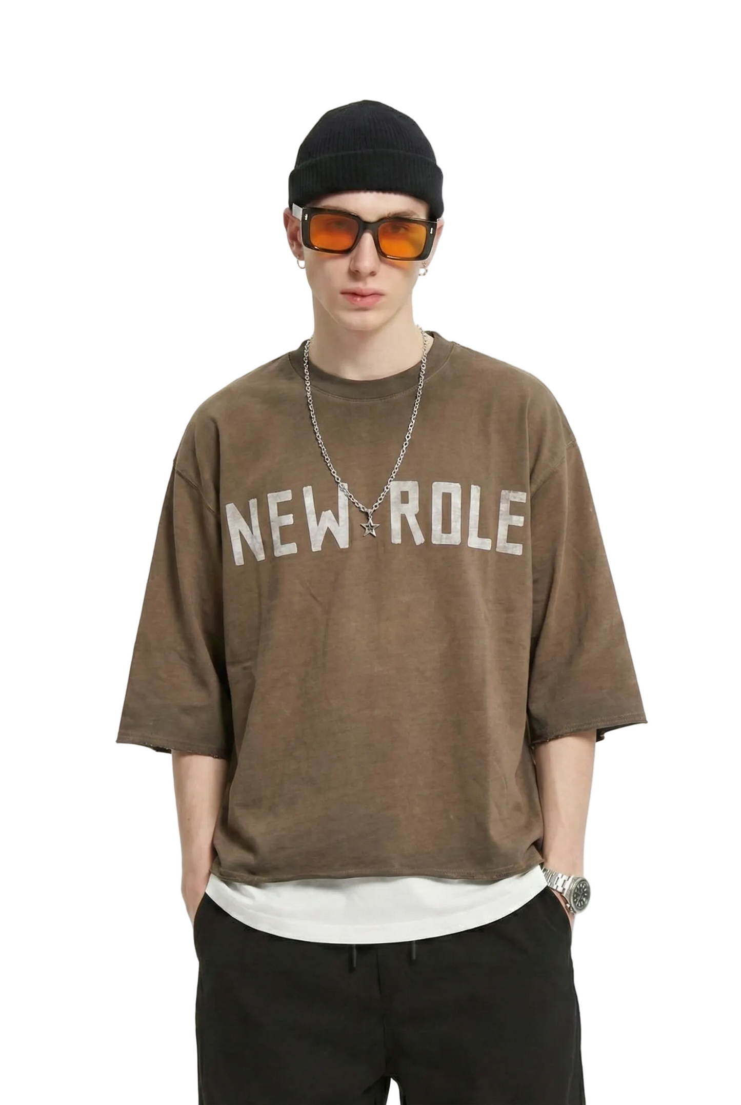 ELLE S/N Jersey 3/4 Sleeve Crop Top Tee with Detachable Necklace