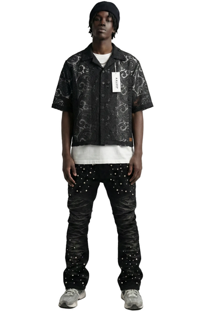 ELUX Paisley Mesh Crop Top Short Sleeve Buttondown Shirt