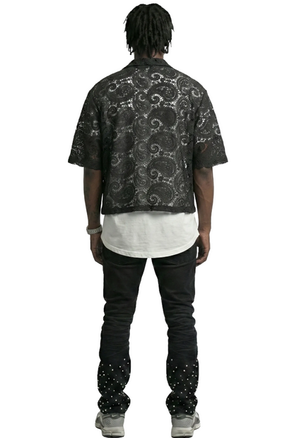 ELUX Paisley Mesh Crop Top Short Sleeve Buttondown Shirt