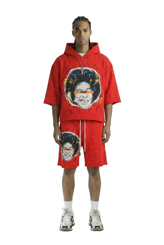 SIMON French Terry 3/4 Sleeve Crop Top Pullover Hoodie