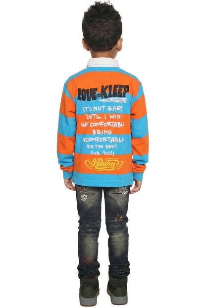 ZORA Kid's Long Sleeve Polo Shirt With Heavy Print Effects & Patch Works