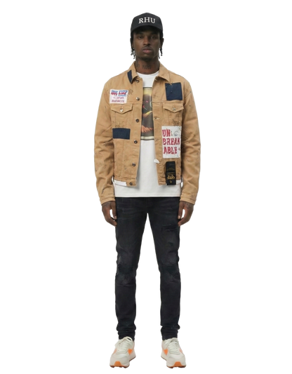 Antelope Men's graphic print patches with cut and sew cotton timber washed stretchable twill jacket