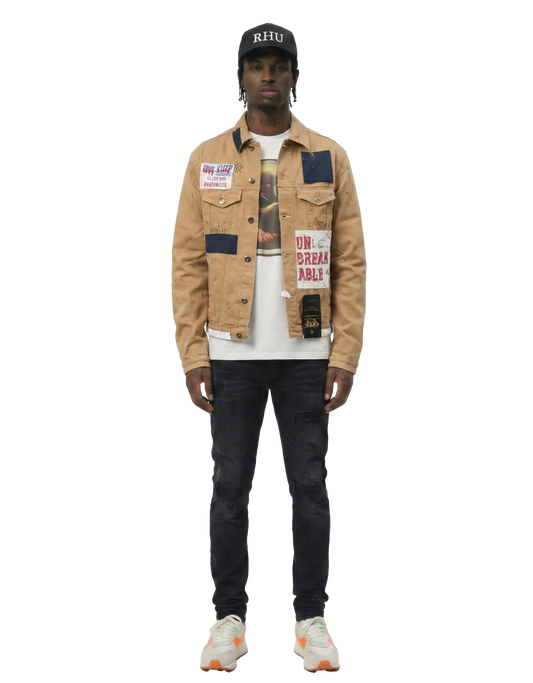 Antelope Men's graphic print patches with cut and sew cotton timber washed stretchable twill jacket
