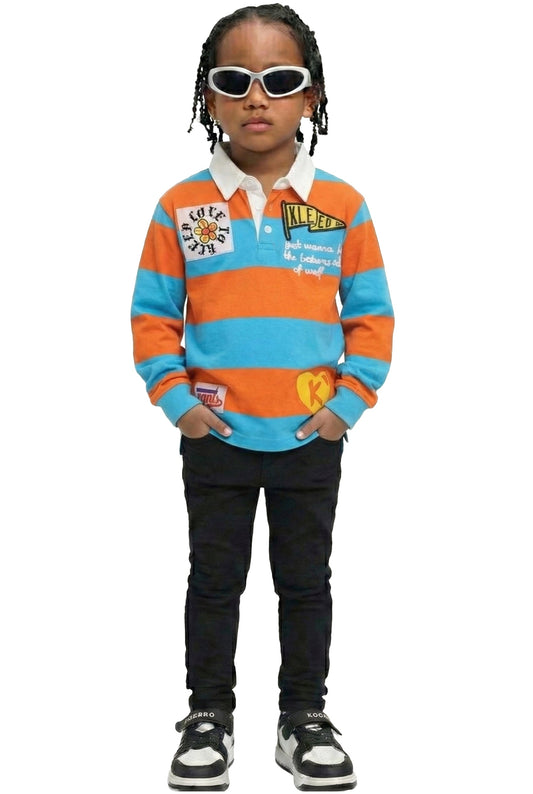 ZORA Kid's Long Sleeve Polo Shirt With Heavy Print Effects & Patch Works
