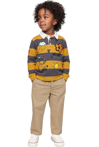 BISCOTTI Kid's Long Sleeve Polo Shirt With Heavy Print Effects & Patch Works