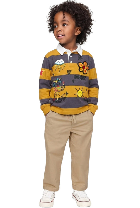 BISCOTTI Kid's Long Sleeve Polo Shirt With Heavy Print Effects & Patch Works